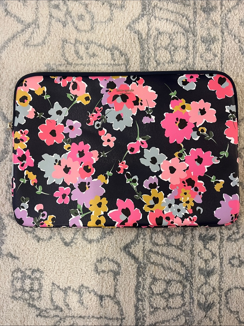 kate spade Black Floral Tablet Sleeve with Pink, Yellow & Lavender Flowers